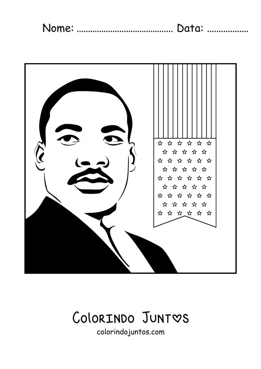 Desenho para colorir de um retrato de Martin Luther King com a bandeira dos EUA