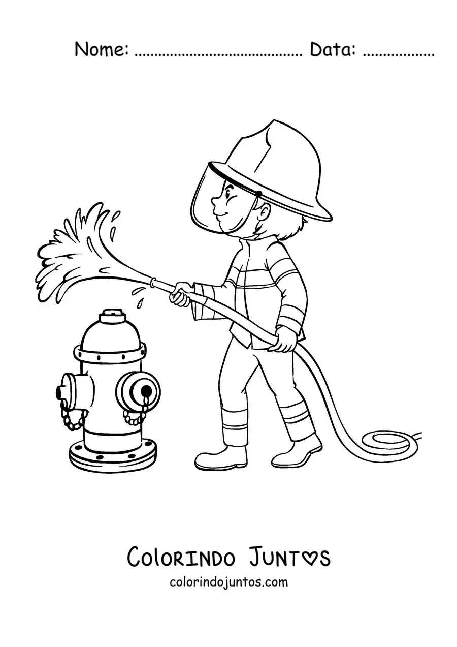 Desenho para colorir de um bombeiro com uma mangueira apagando o fogo