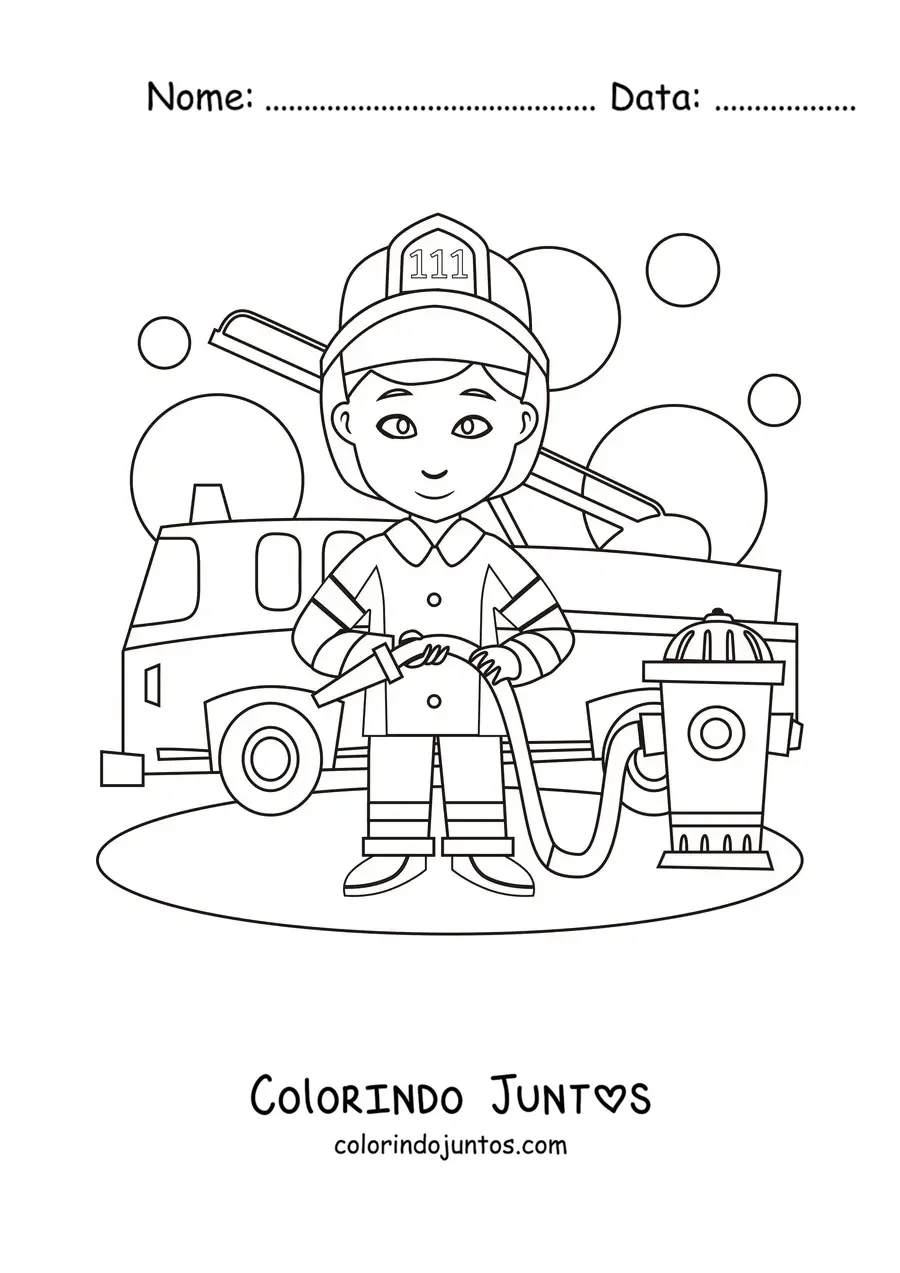 Desenho para colorir de um bombeiro animado ao lado de um caminhão de bombeiros