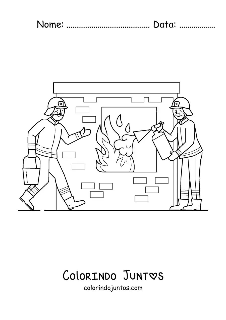 Desenho para colorir de dois bombeiros apagando um incêndio