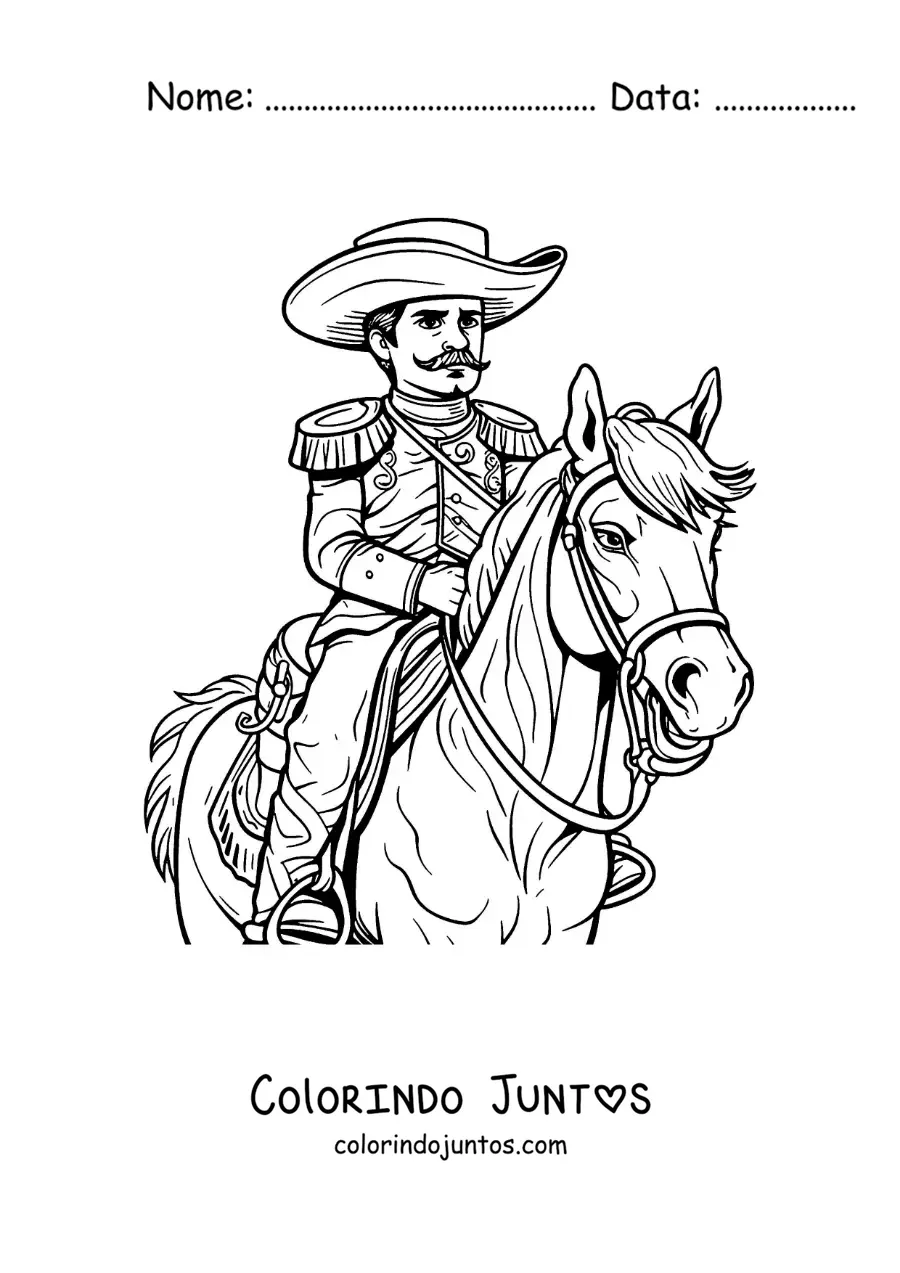 Desenho para colorir de Emiliano Zapata em seu cavalo na Revolução Mexicana