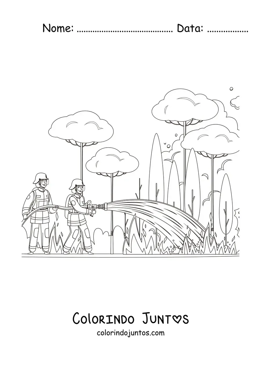 Desenho para colorir de dois bombeiros apagando um incêndio florestal