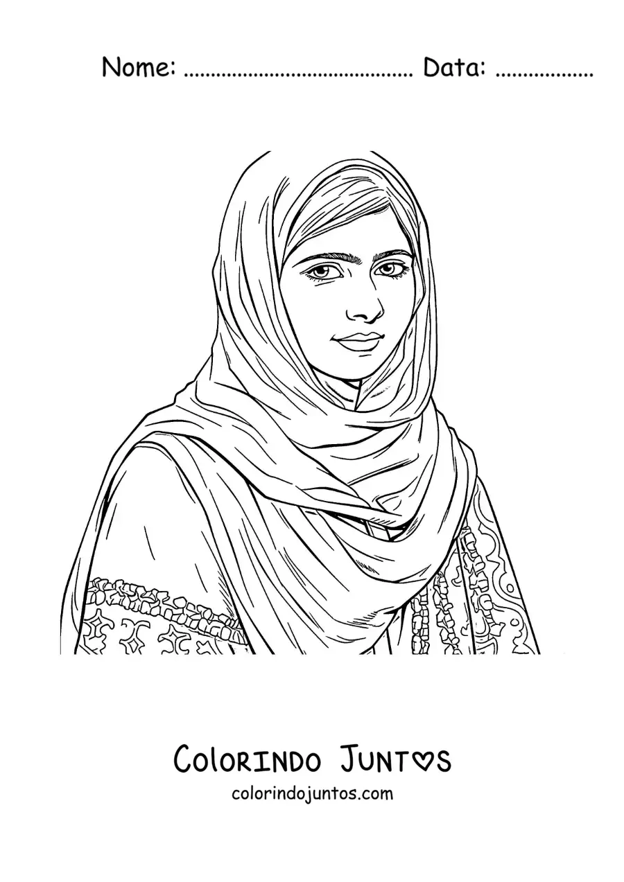 Desenho para colorir de um retrato realista de Malala Yousafzai
