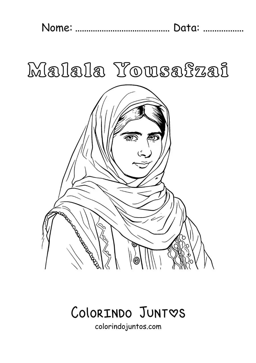 Desenho para colorir de um retrato de Malala Yousafzai com seu nome