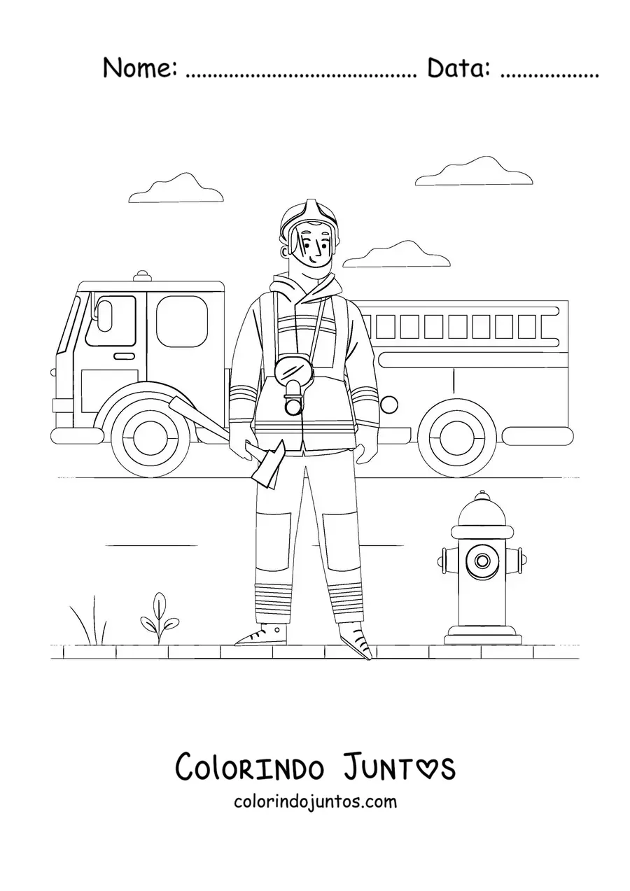 Desenho para colorir de um bombeiro uniformizado em frente a um caminhão de bombeiros