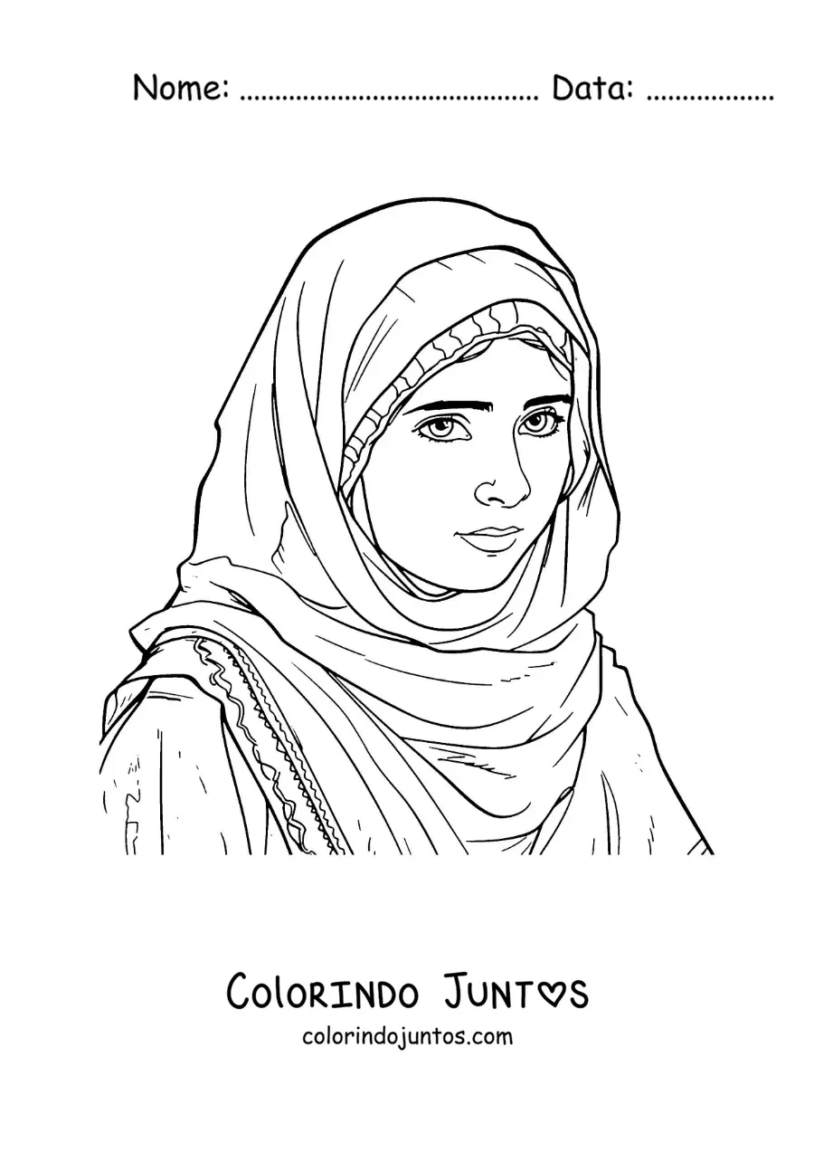 Desenho para colorir de um retrato de Malala, a vencedora do Prêmio Nobel