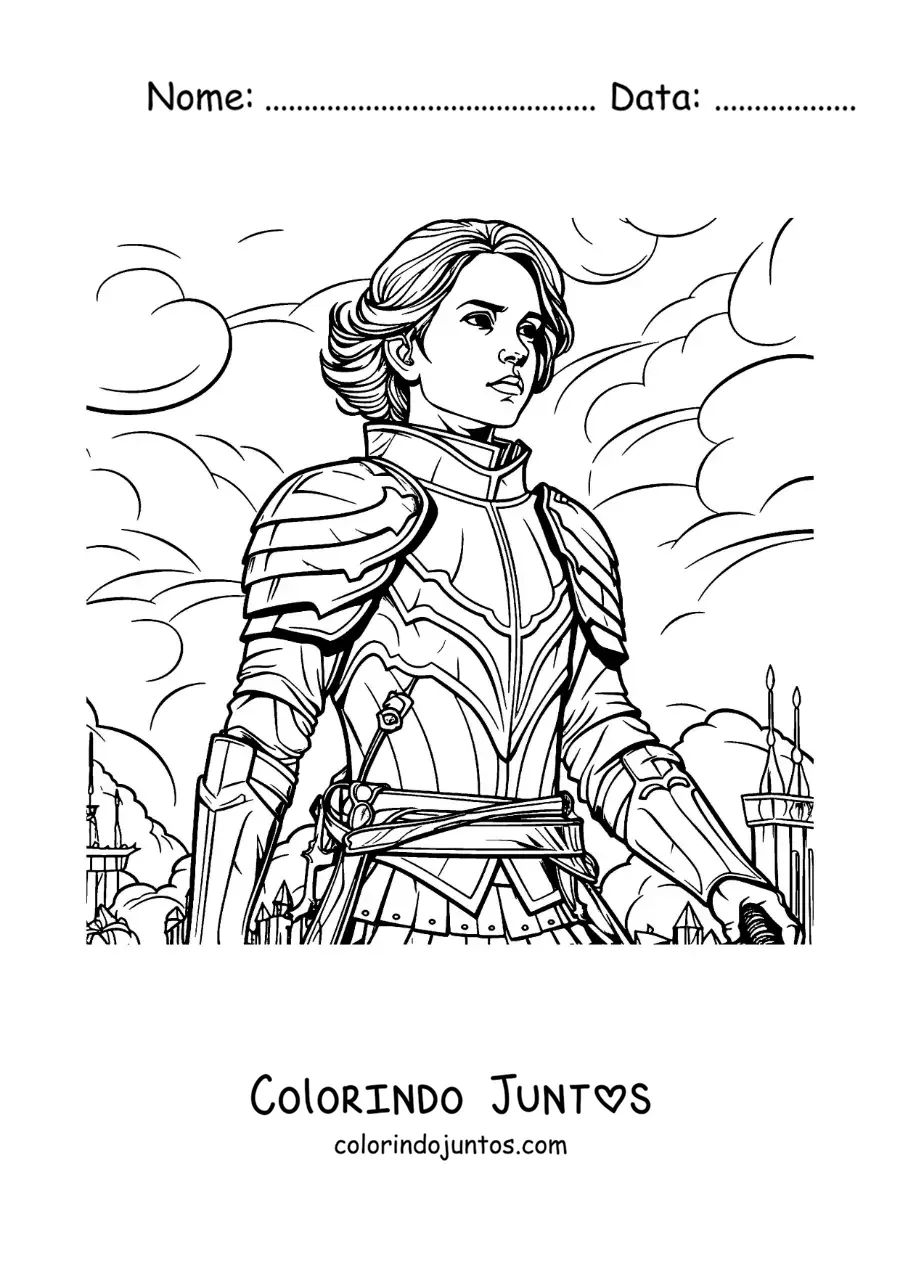 Desenho para colorir de Joana d'Arc animada estilo quadrinhos em uma batalha