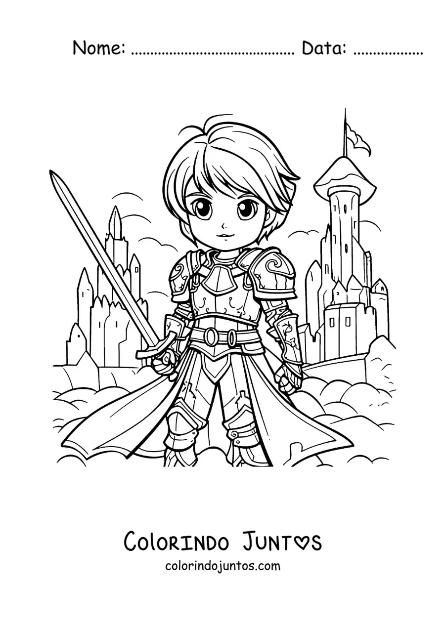 Desenho para colorir de Joana d'Arc animada estilo anime em uma batalha