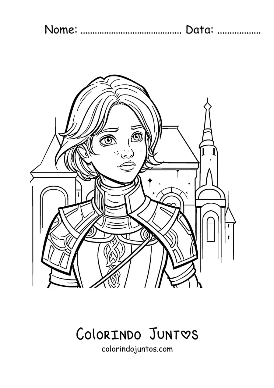Desenho para colorir de Joana d'Arc animada estilo quadrinhos em uma batalha