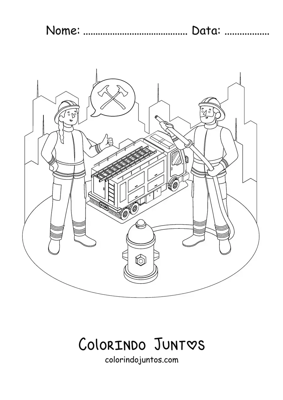 Desenho para colorir de dois bombeiros e um caminhão de bombeiros