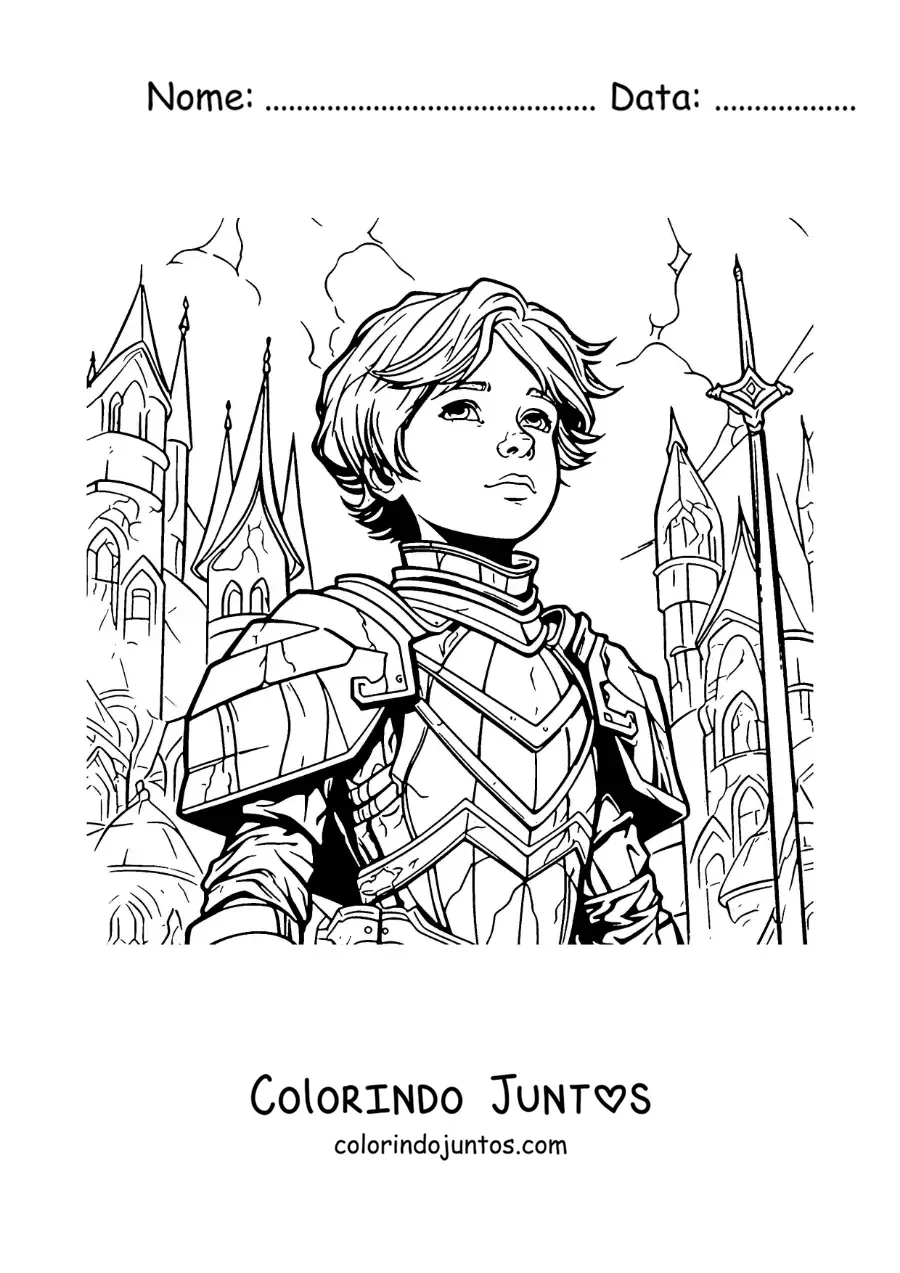 Desenho para colorir de Santa Joana d'Arc animada estilo quadrinhos em uma batalha