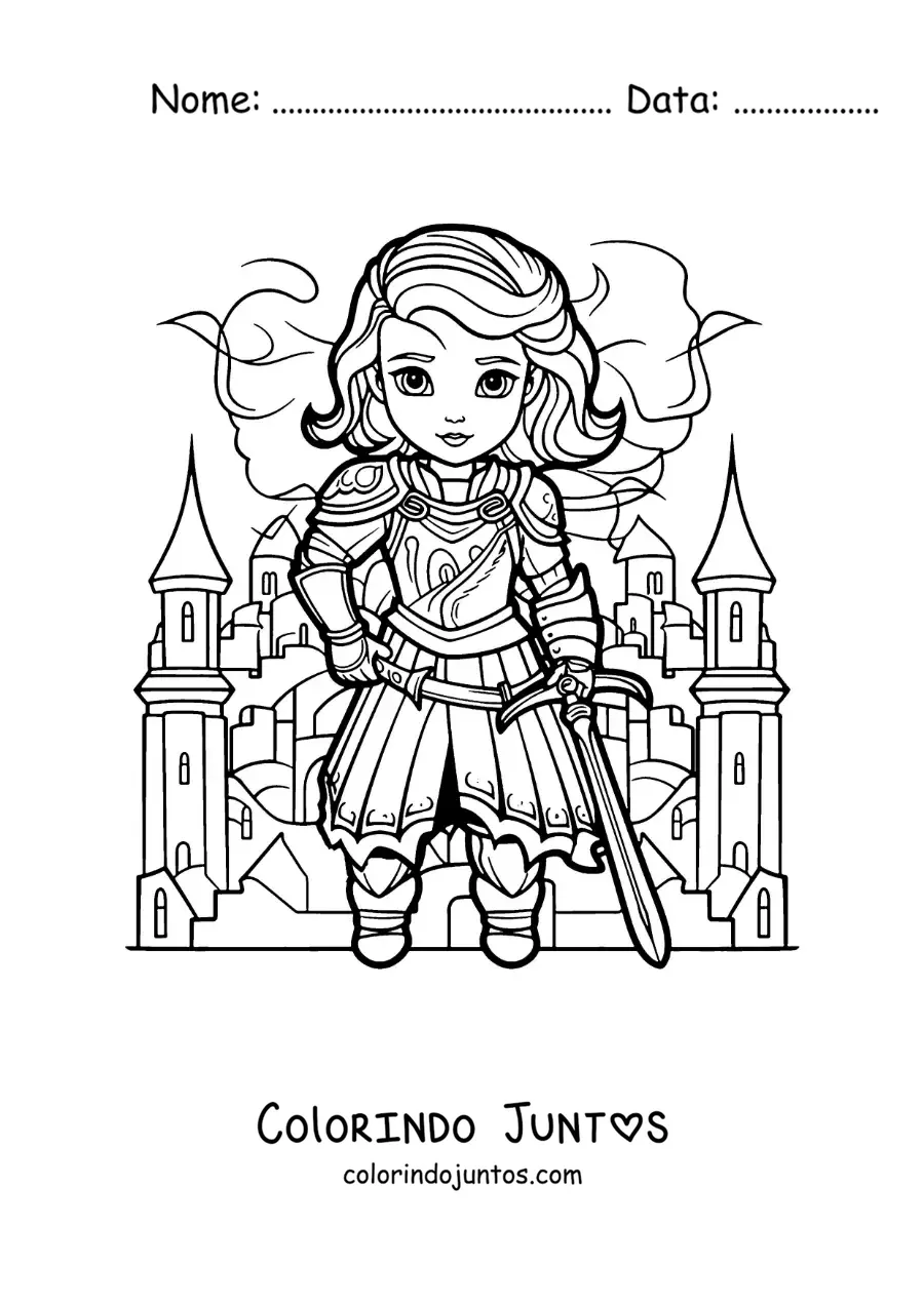 Desenho para colorir de Joana d'Arc kawaii com sua espada em uma batalha
