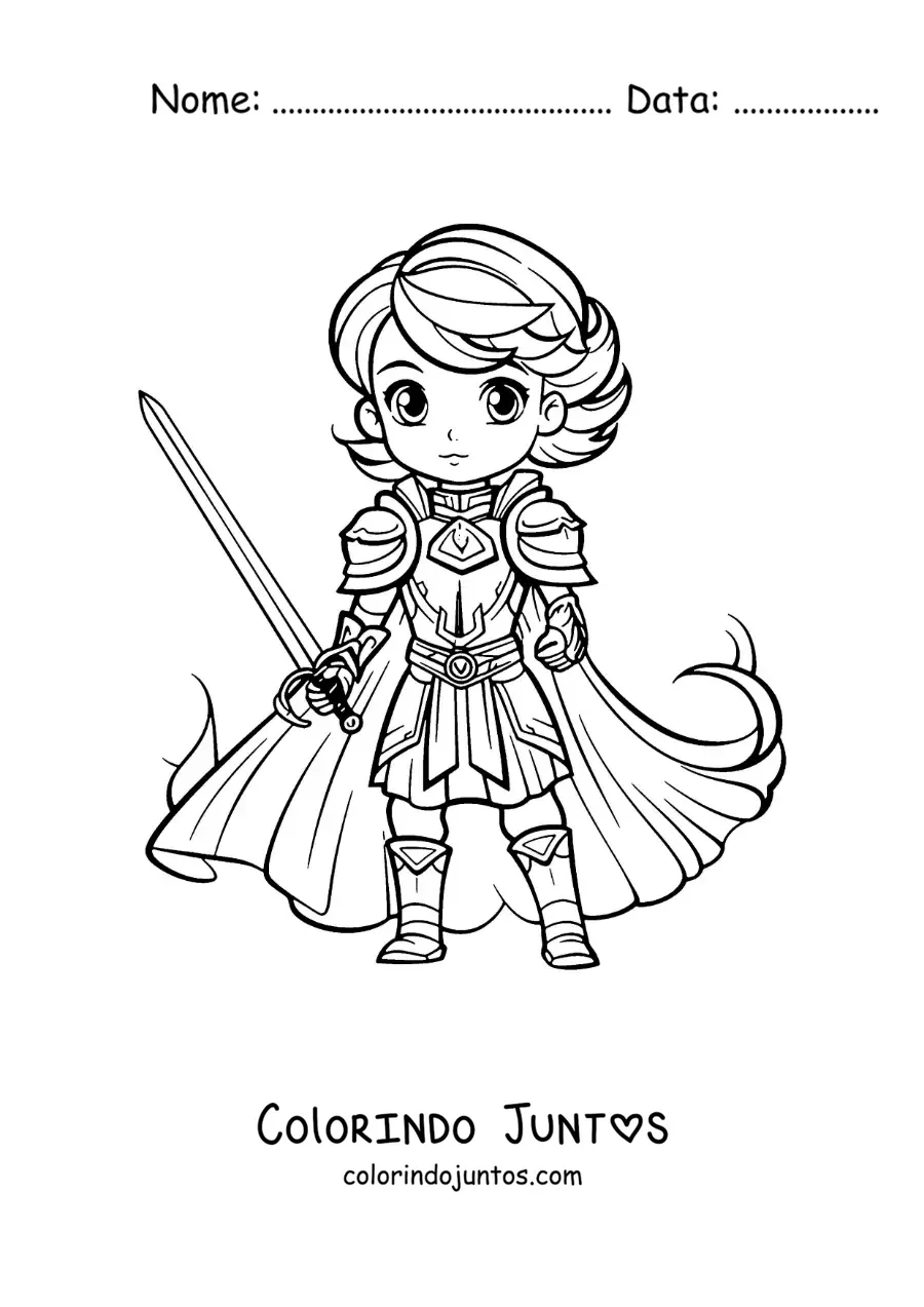 Desenho para colorir de Joana d'Arc kawaii com sua espada