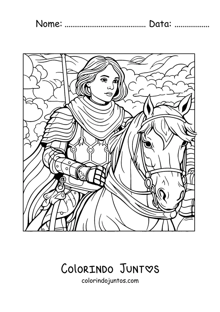 Desenho para colorir de Joana d'Arc animada com seu cavalo