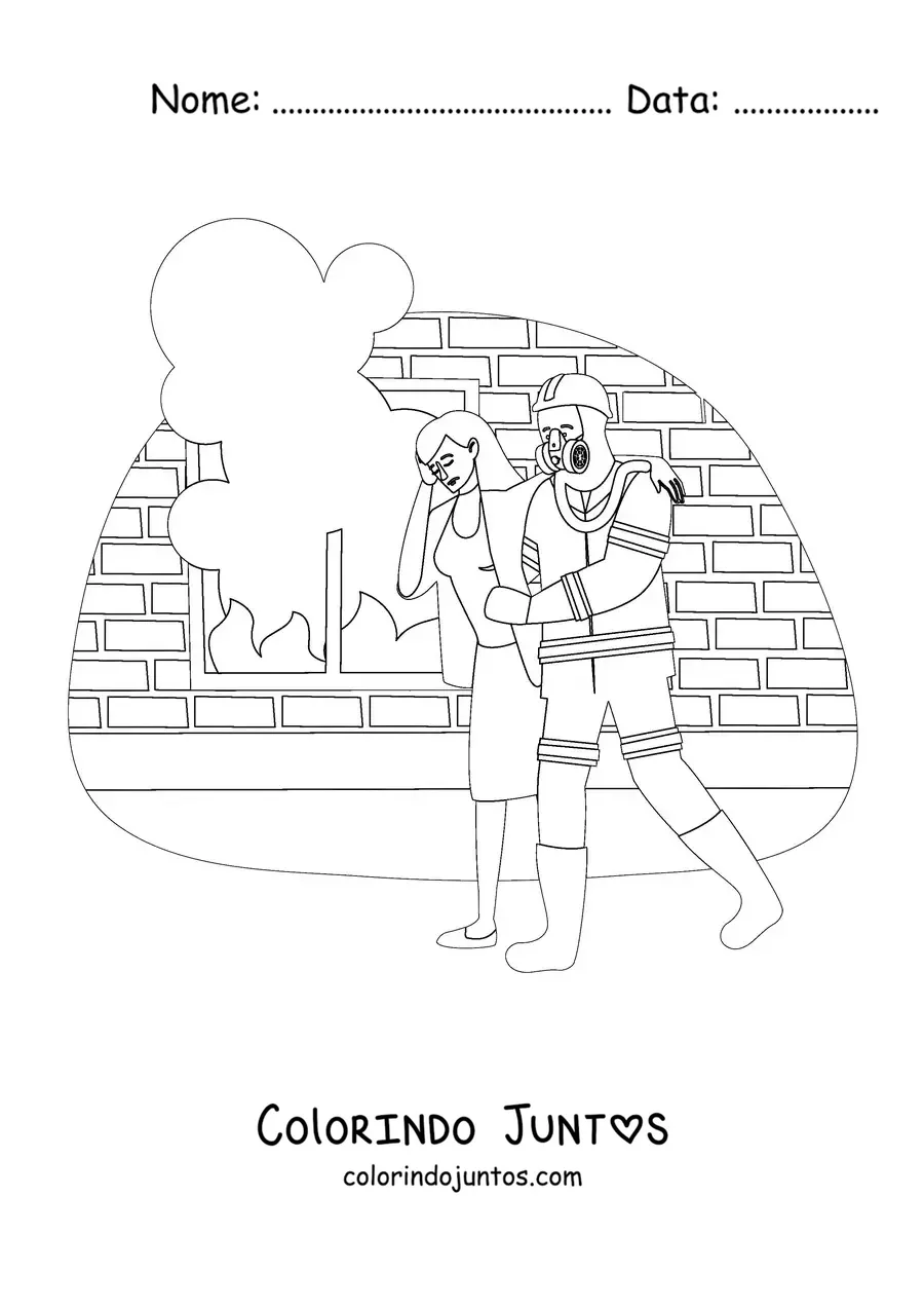 Desenho para colorir de um bombeiro resgatando uma mulher das chamas