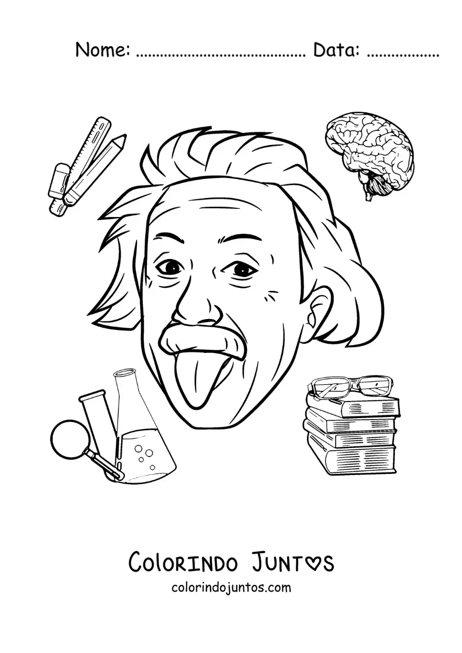 Desenho para colorir do cientista Albert Einstein animado mostrando a língua