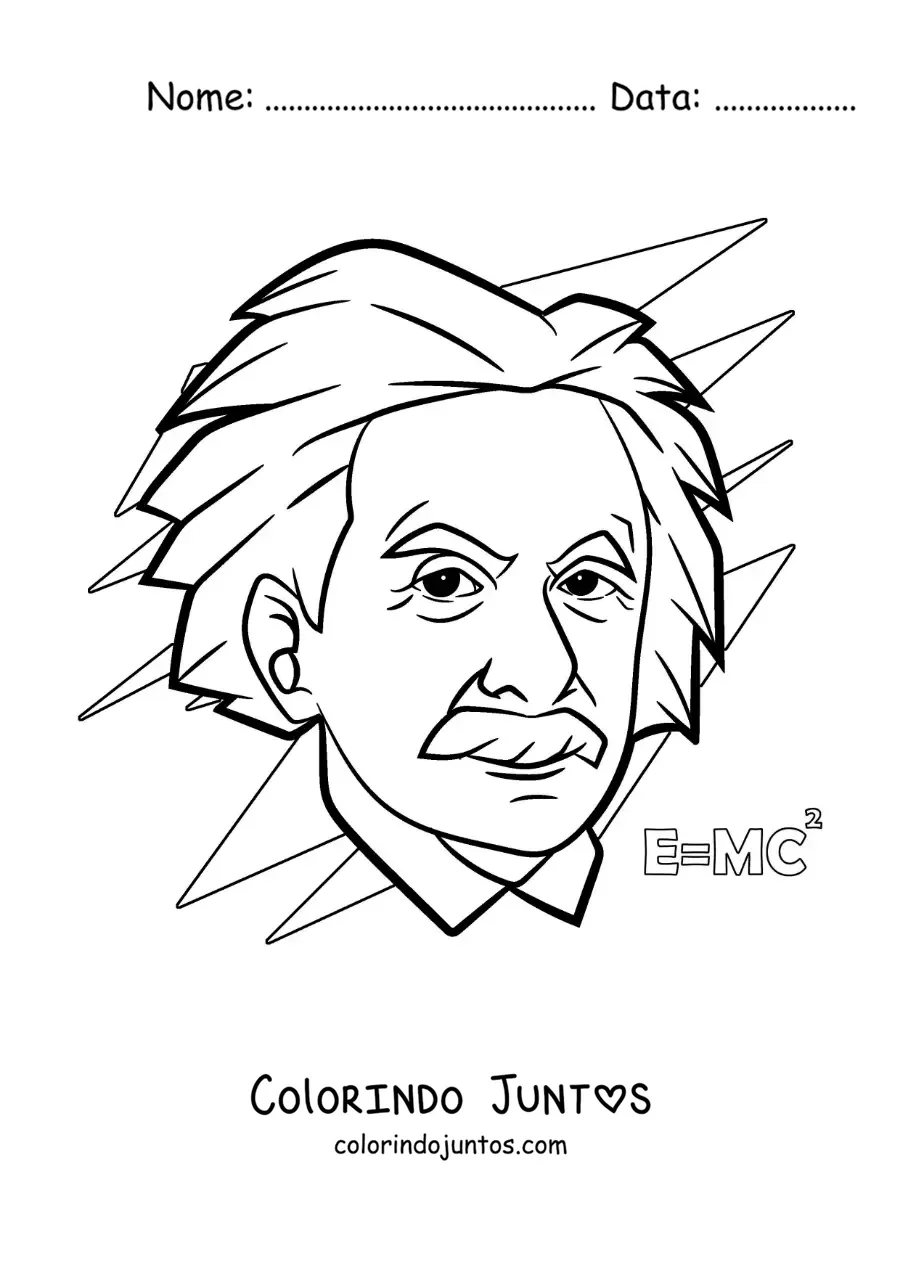 Desenho para colorir do cientista Albert Einstein animado com uma fórmula de física
