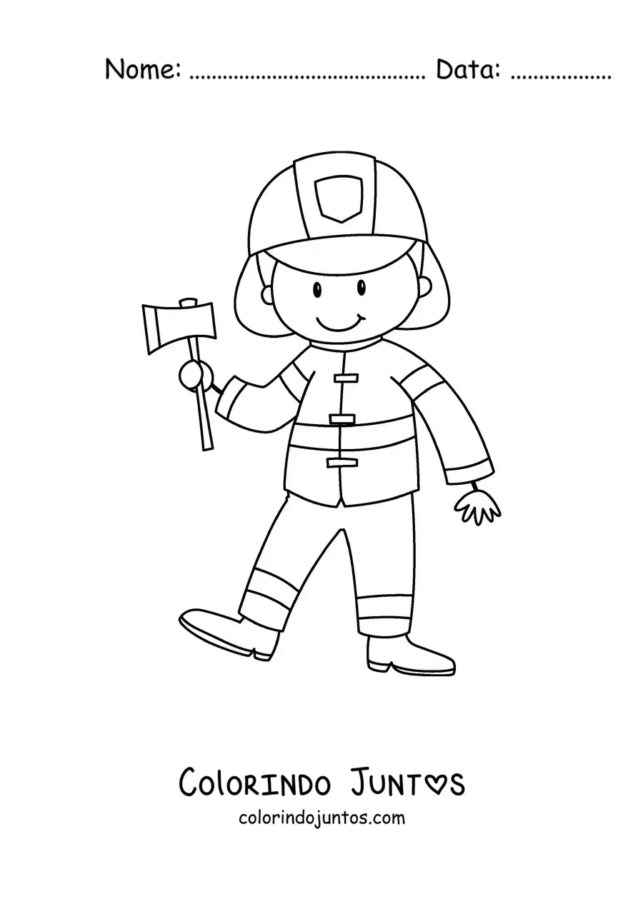 Desenho para colorir de um bombeiro animado segurando um machado
