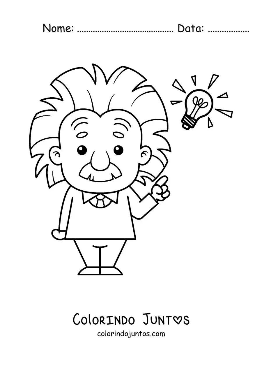 Desenho para colorir de Albert Einstein animado fácil com uma lâmpada