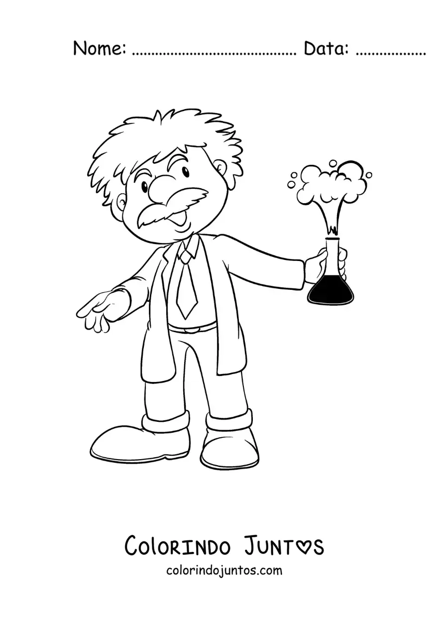 Desenho para colorir do físico Albert Einstein animado com jaleco de laboratório