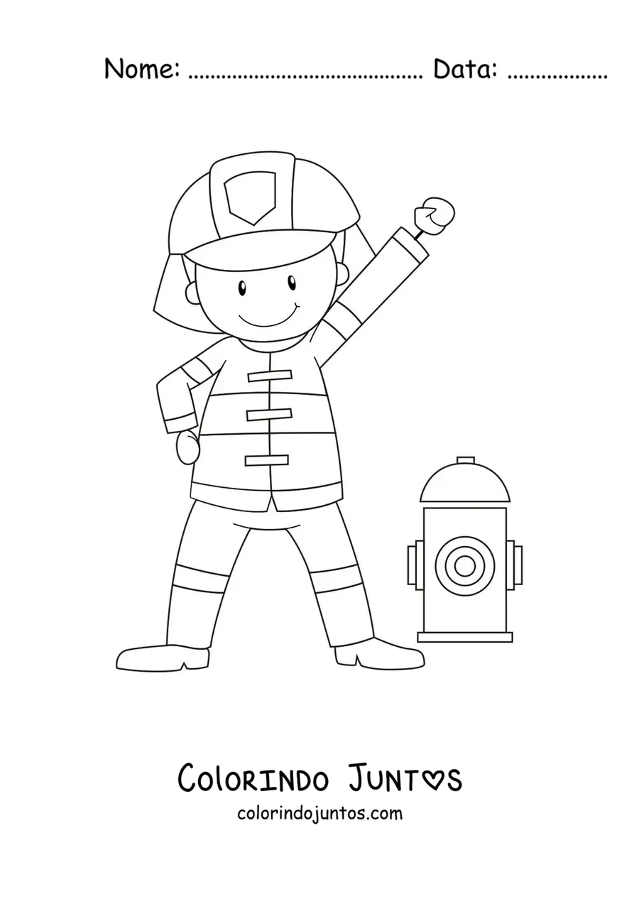Desenho para colorir de um bombeiro animado sorridente ao lado de um hidrante