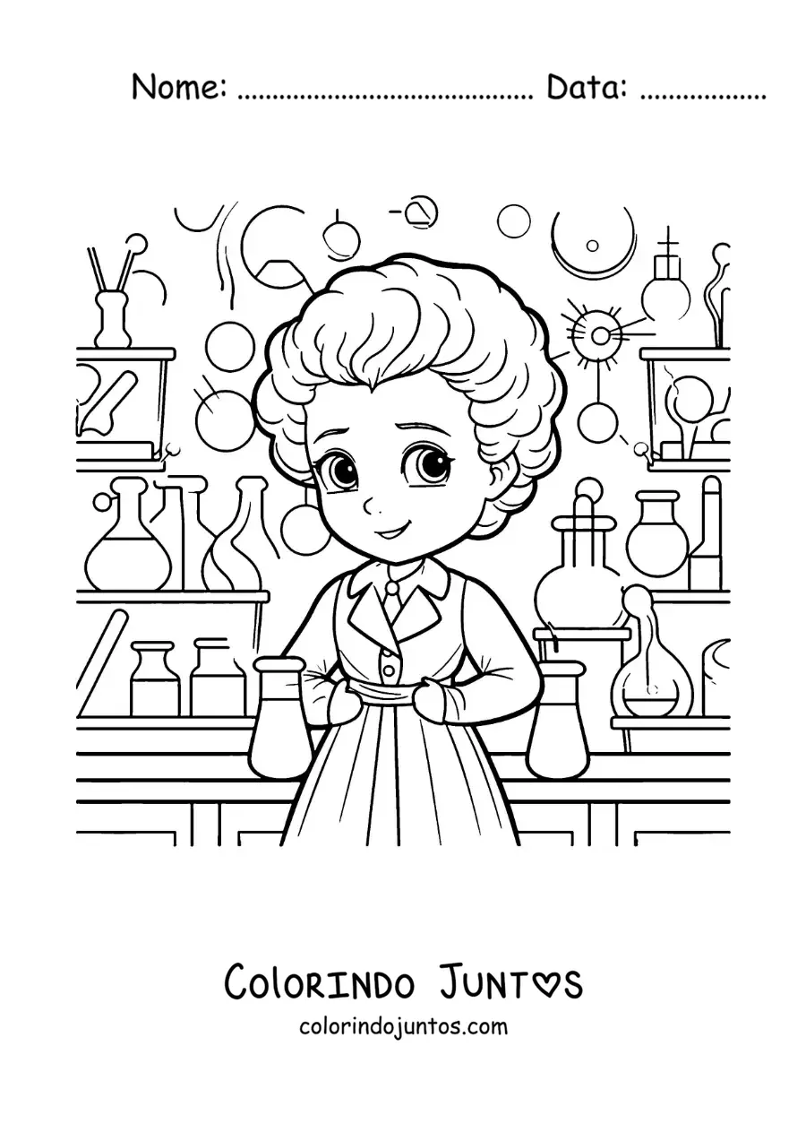 Desenho para colorir de Marie Curie animada em seu laboratório para crianças