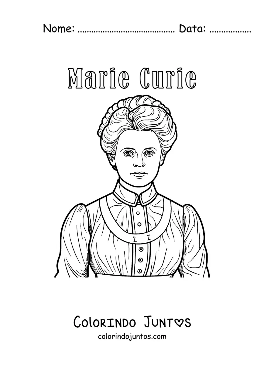 Desenho para colorir de Marie Curie animada com seu nome