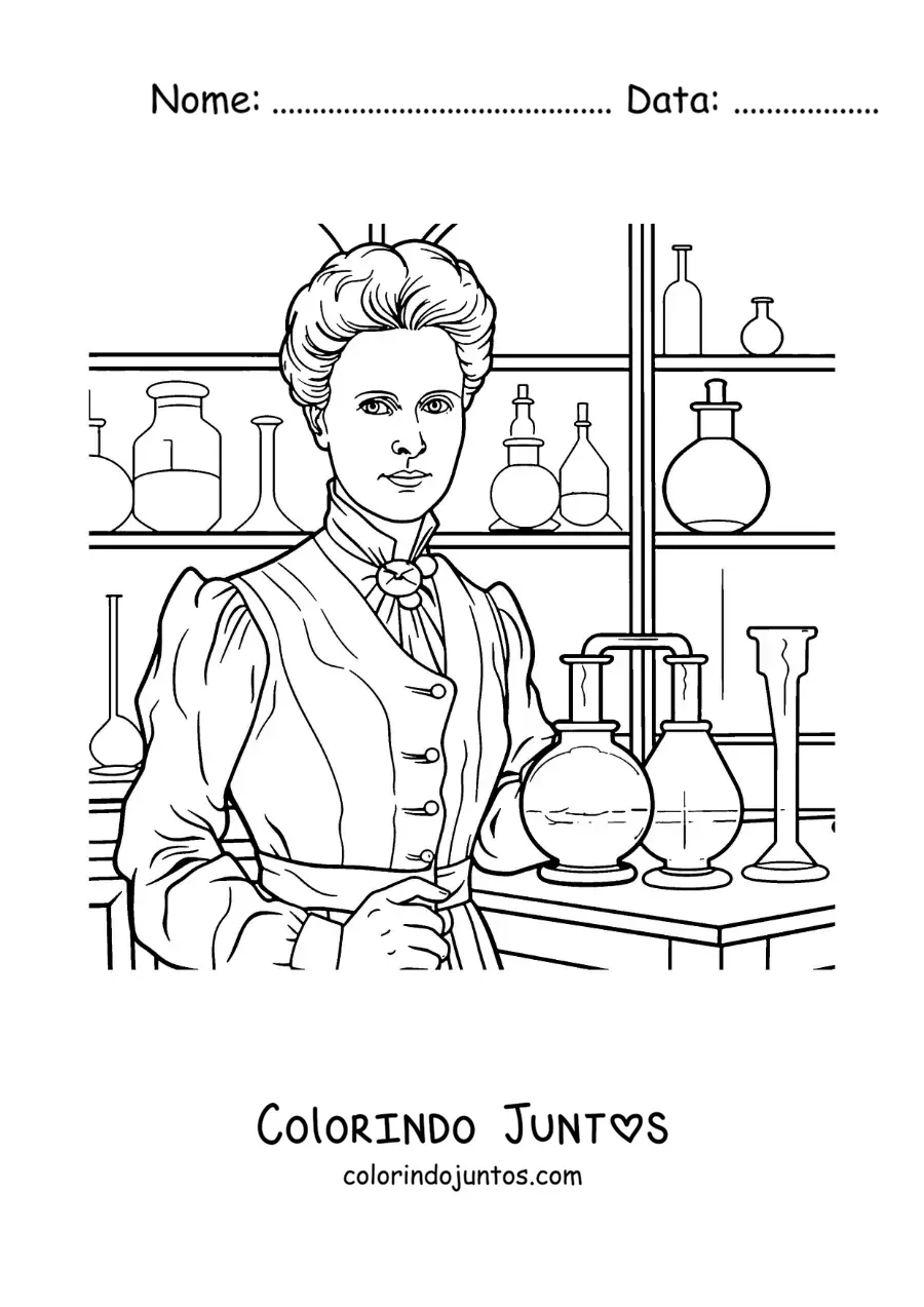 Desenho para colorir de Marie Curie animada em seu laboratório de química