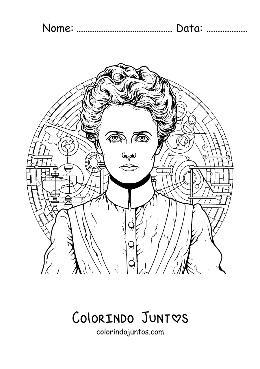 Desenho para colorir de um retrato realista de Marie Curie