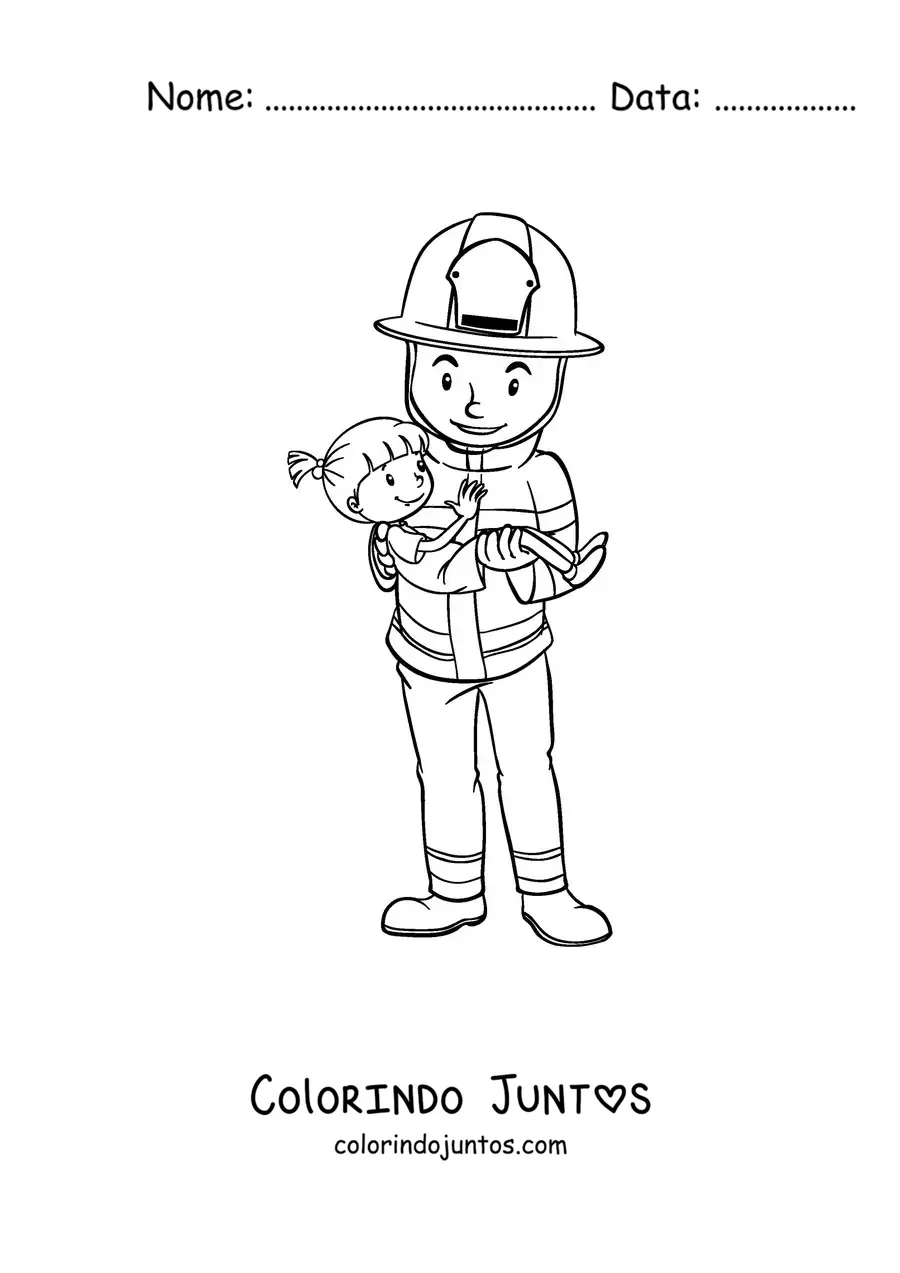 Desenho para colorir de um bombeiro resgatando uma menina
