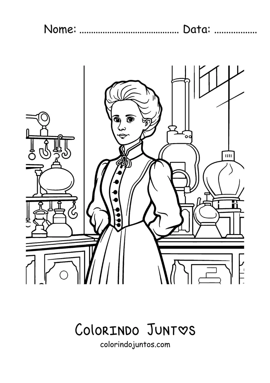 Desenho para colorir de Marie Curie em seu laboratório