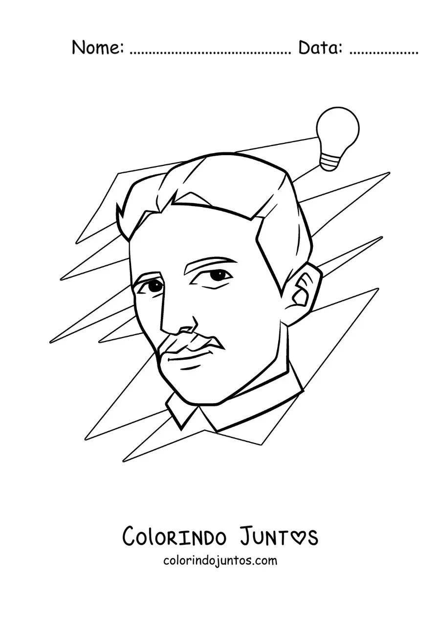 Desenho para colorir de Nikola Tesla e uma lâmpada alimentada por corrente alternada