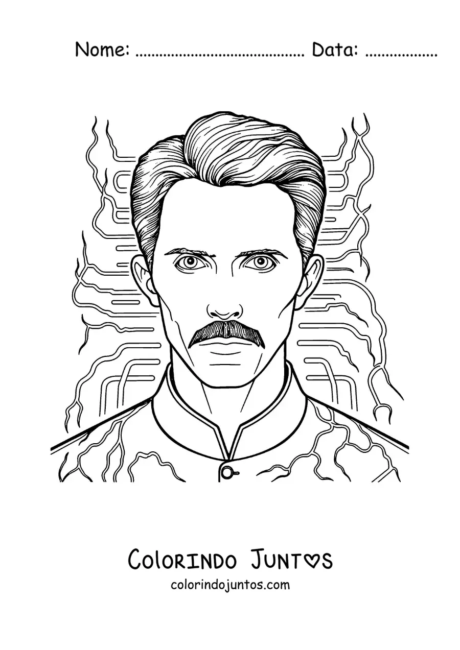 Desenho para colorir de Nikola Tesla com raios de corrente alternada