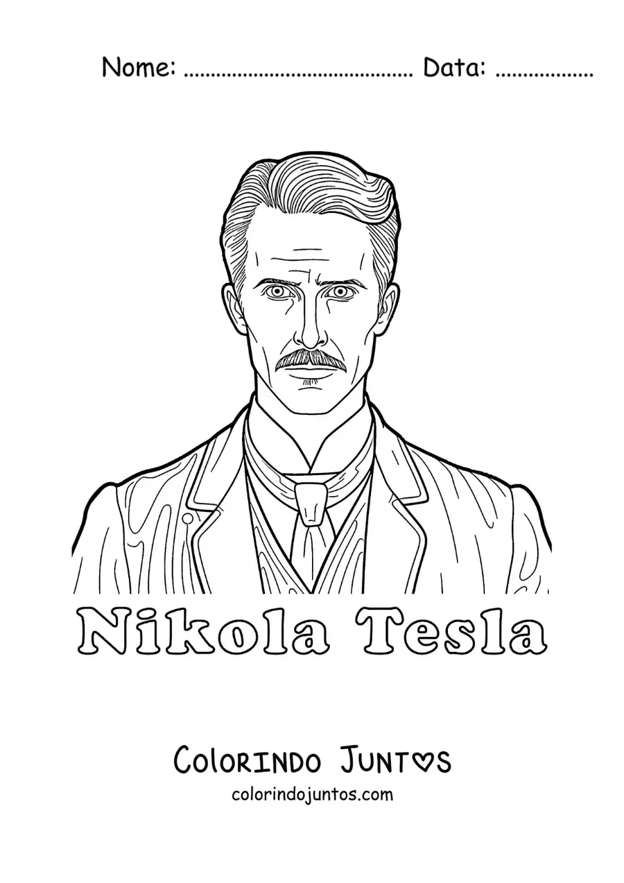 Desenho para colorir de um retrato de Nikola Tesla com seu nome