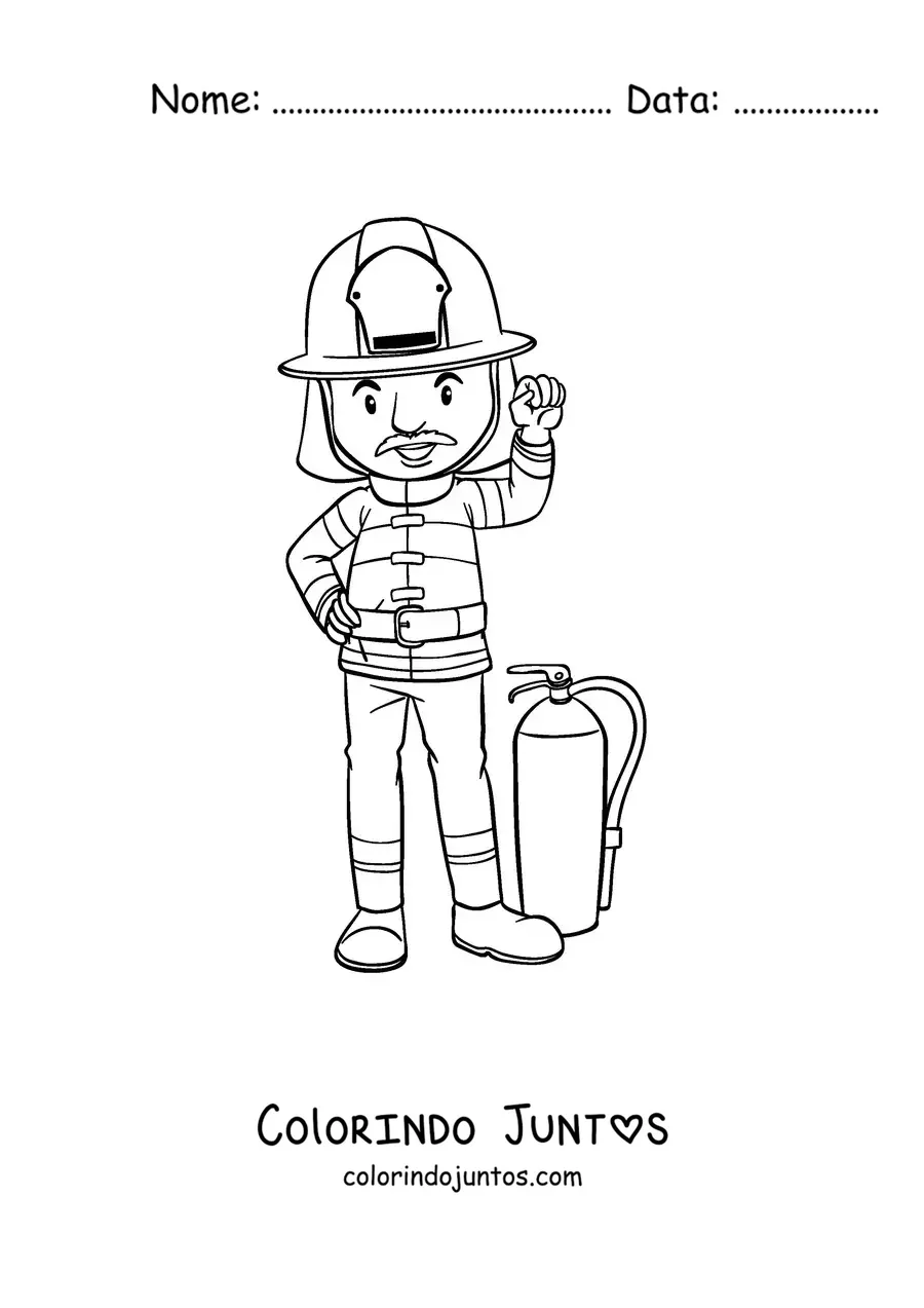 Desenho para colorir de um bombeiro uniformizado ao lado de um extintor