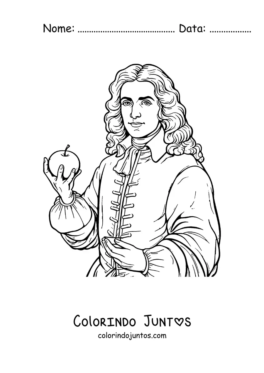 Desenho para colorir de um retrato de Isaac Newton com uma maca
