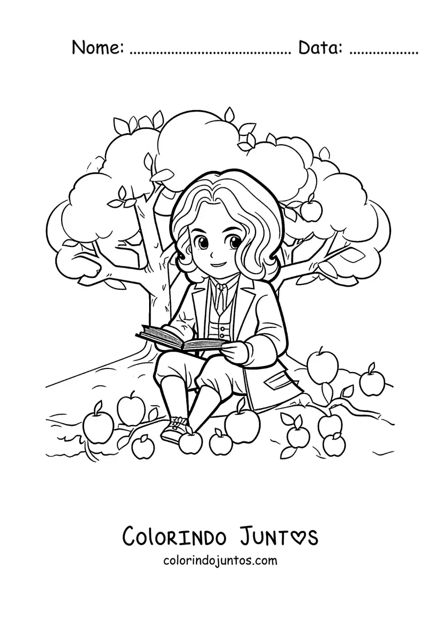 Desenho para colorir de Isaac Newton animado lendo debaixo de uma macieira