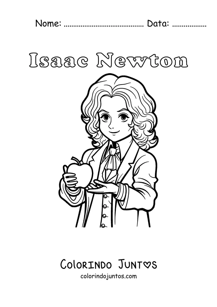Desenho para colorir de Isaac Newton animado com uma maca e com seu nome