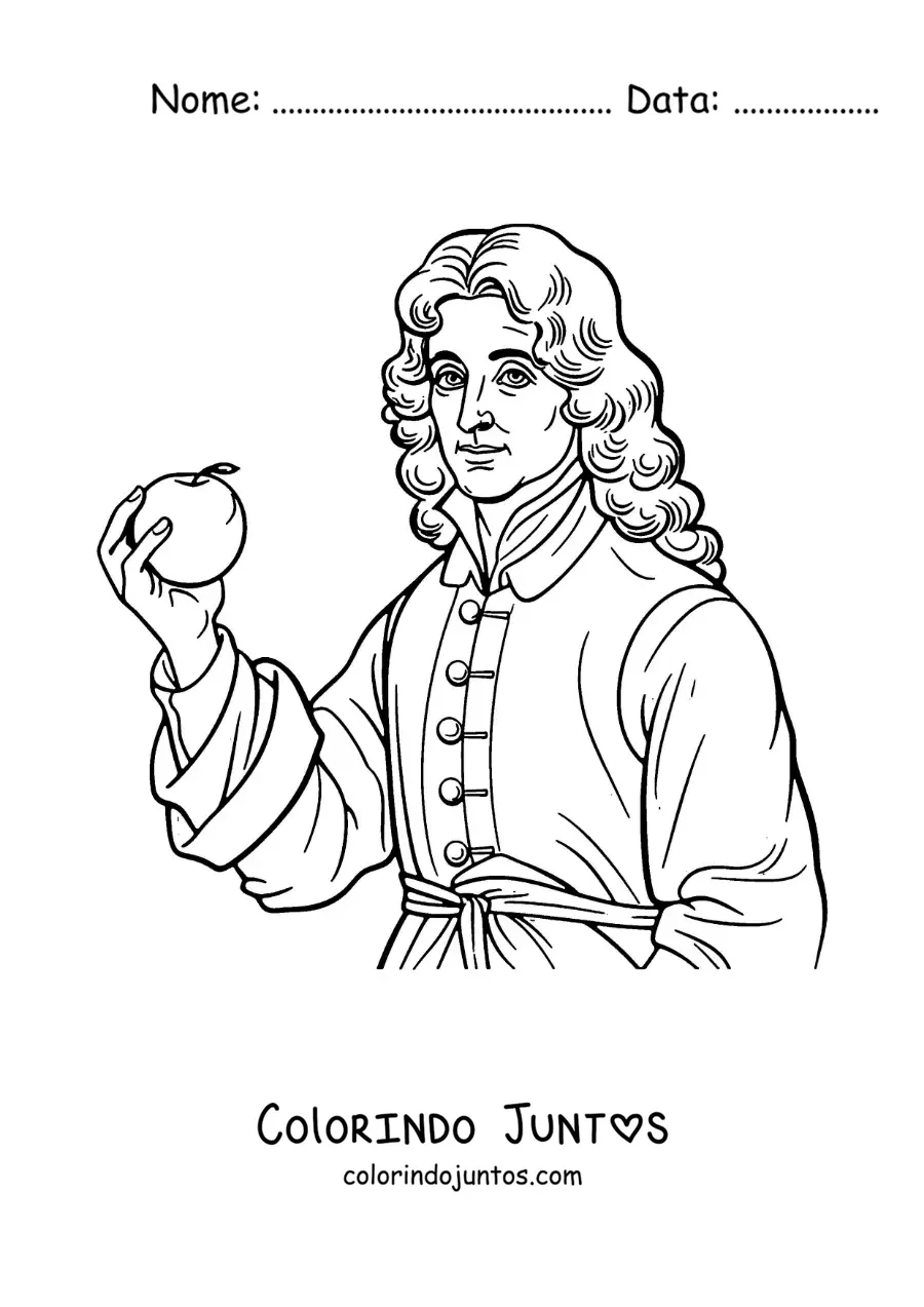 Desenho para colorir de um retrato fácil de Isaac Newton com uma maçã