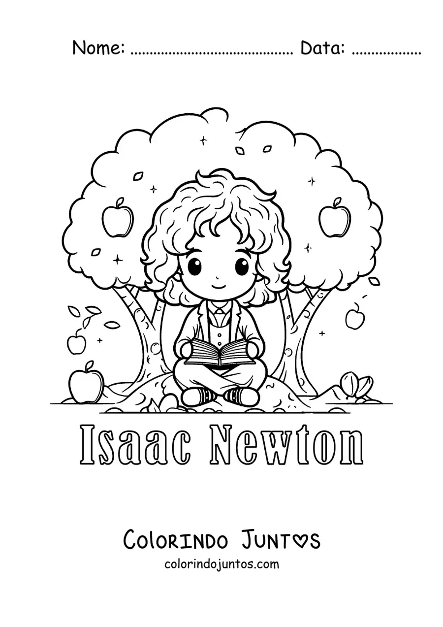 Desenho para colorir de Isaac Newton kawaii lendo debaixo de uma macieira