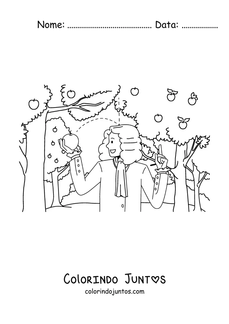 Desenho para colorir de Isaac Newton com uma maca caindo sobre sua cabeca