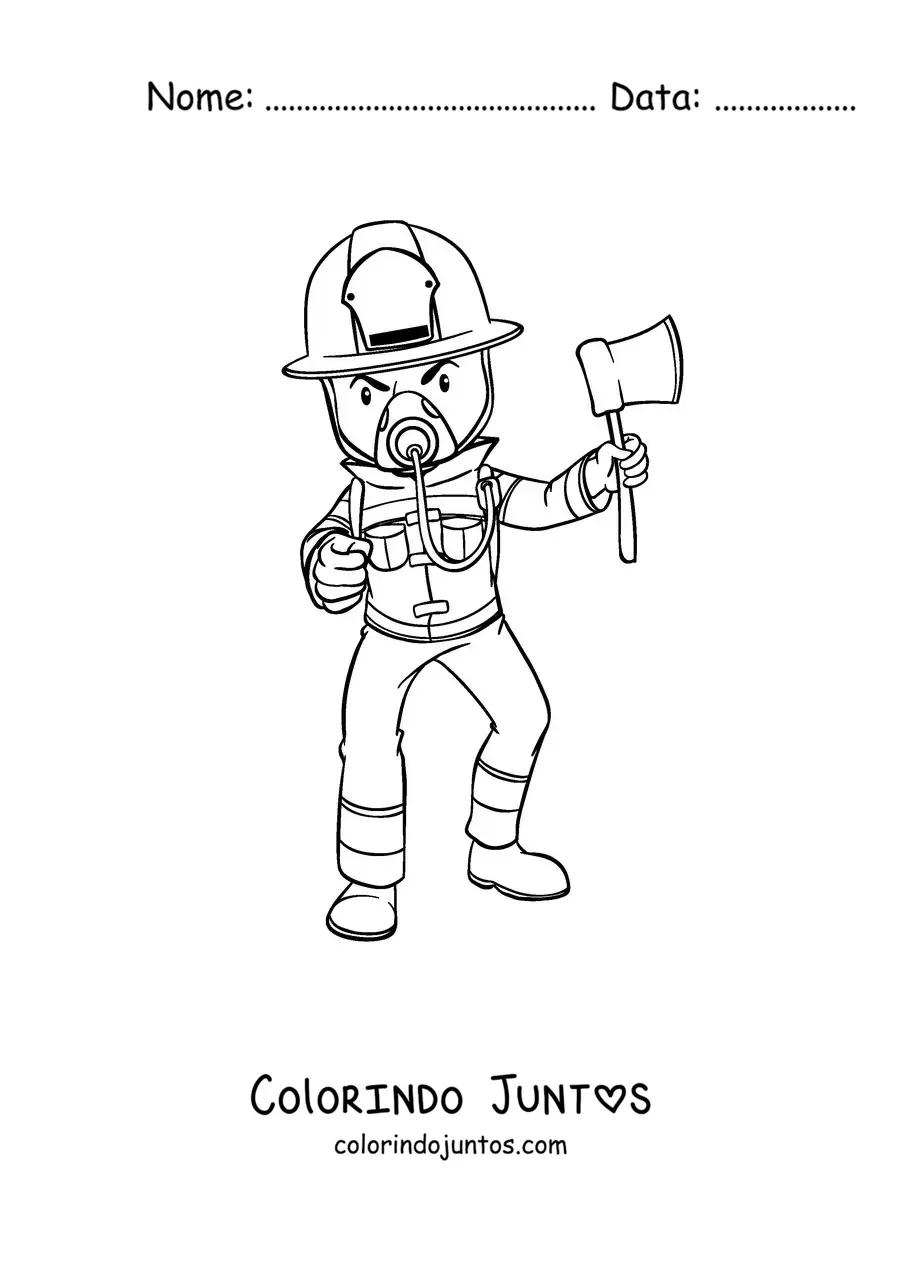 Desenho para colorir de um bombeiro com máscara protetora e um machado