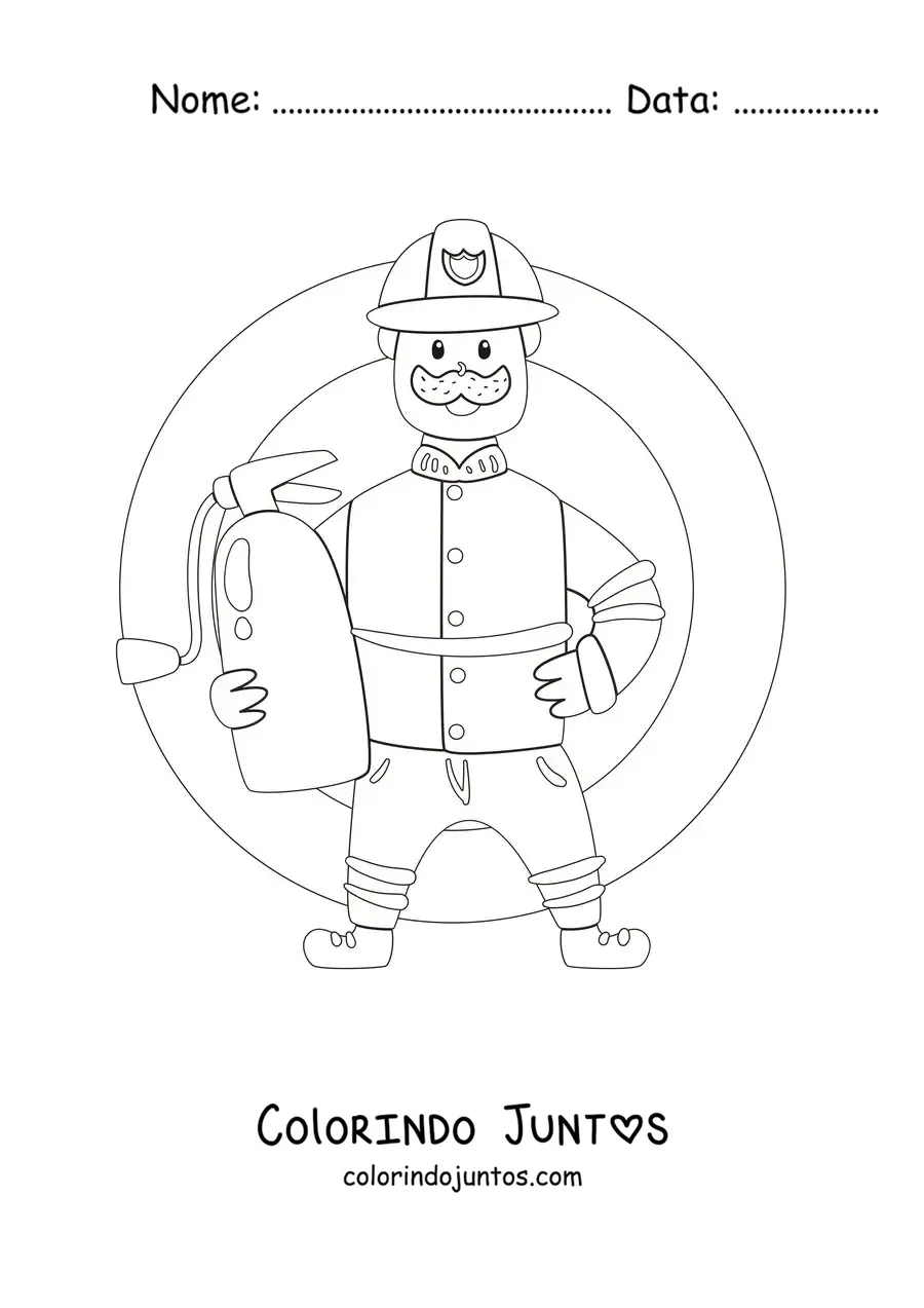 Desenho para colorir de um bombeiro animado segurando um extintor