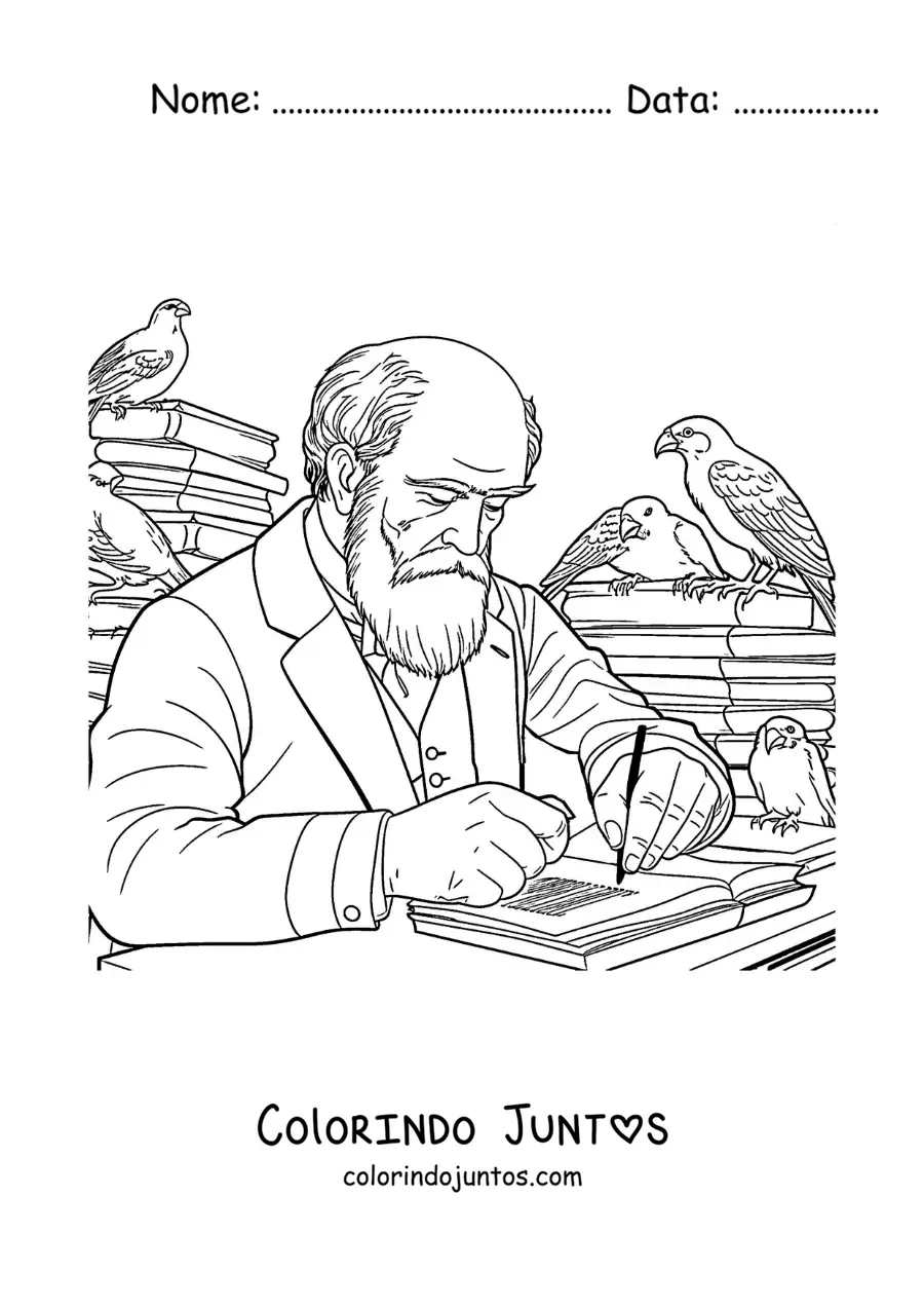 Desenho para colorir de Charles Darwin escrevendo em uma escrivaninha