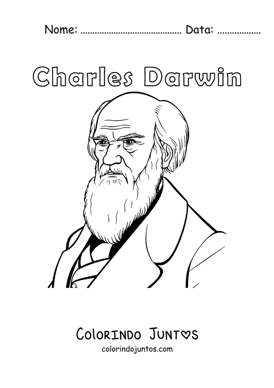 Desenho para colorir de um retrato facil de Charles Darwin com seu nome