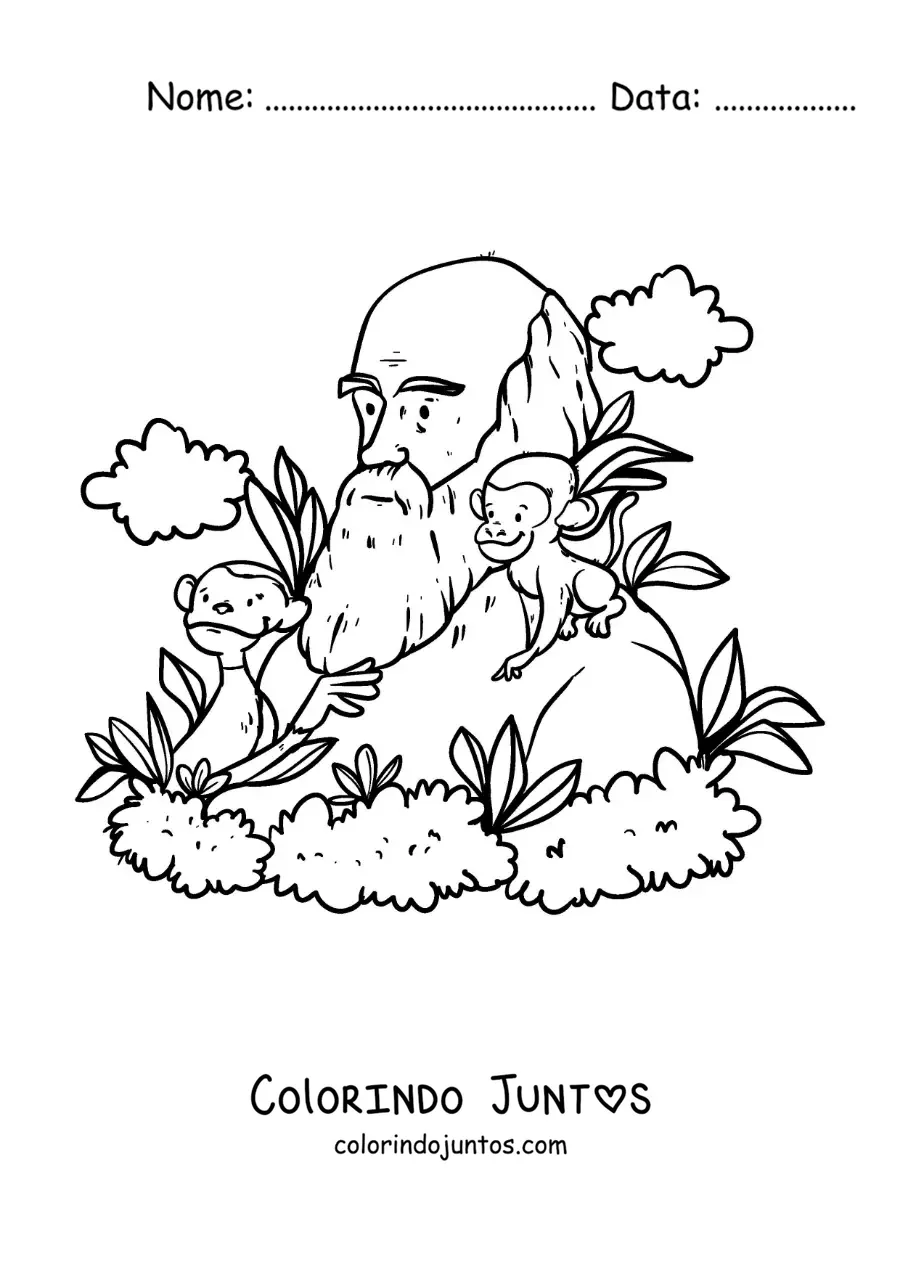 Desenho para colorir de Charles Darwin animado estudando os macacos