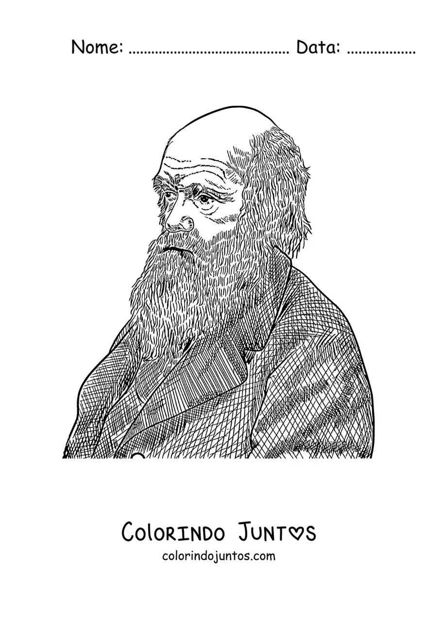 Desenho para colorir de um retrato a lapis de Charles Darwin