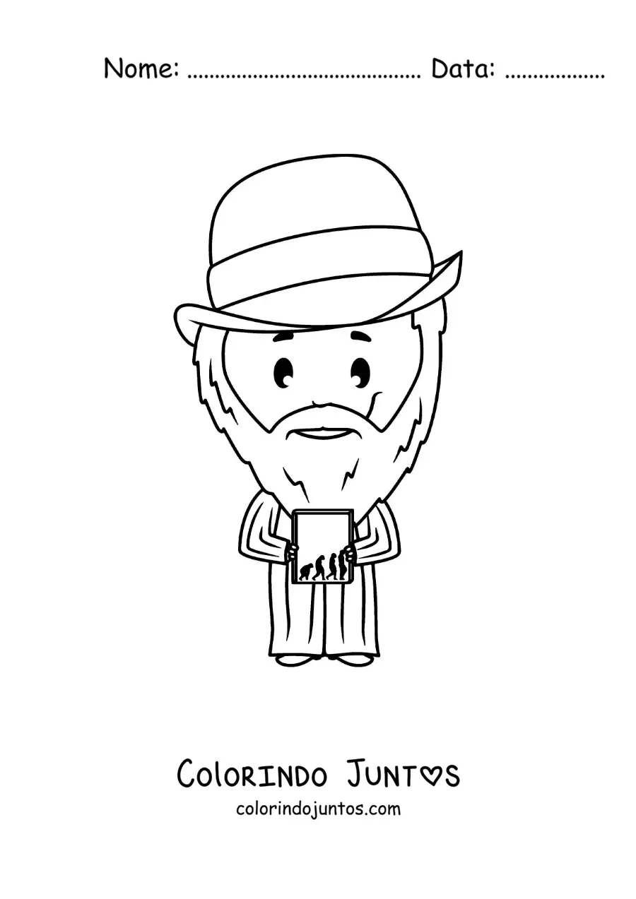 Desenho para colorir de uma caricatura facil de Charles Darwin para criancas