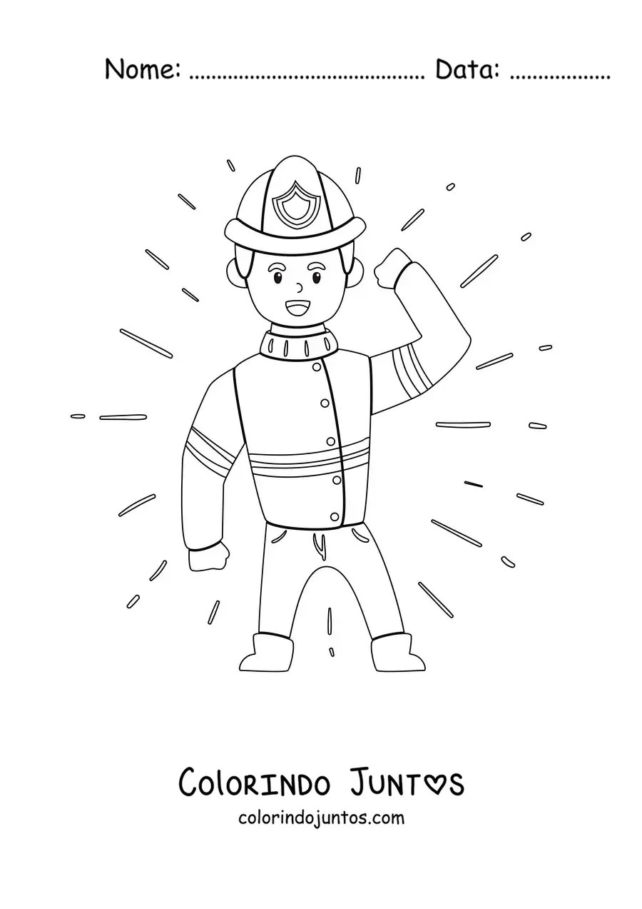 Desenho para colorir de um bombeiro animado acenando e segurando seu capacete
