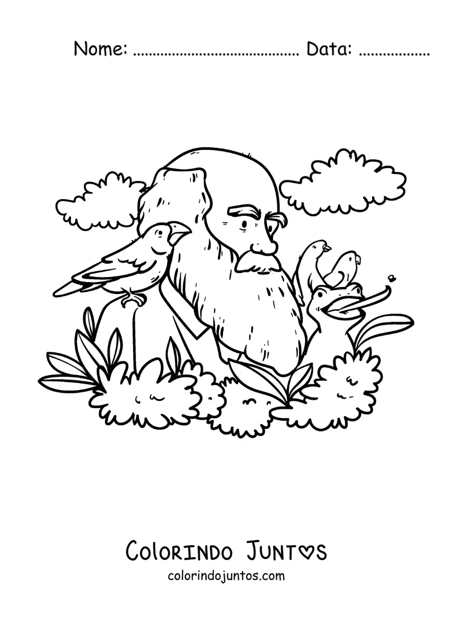 Desenho para colorir de Charles Darwin animado estudando os passaros